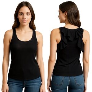 Chaser Black Ribbed Cold Shoulder Ruffle Top Sheer Feminine Boho Size XS